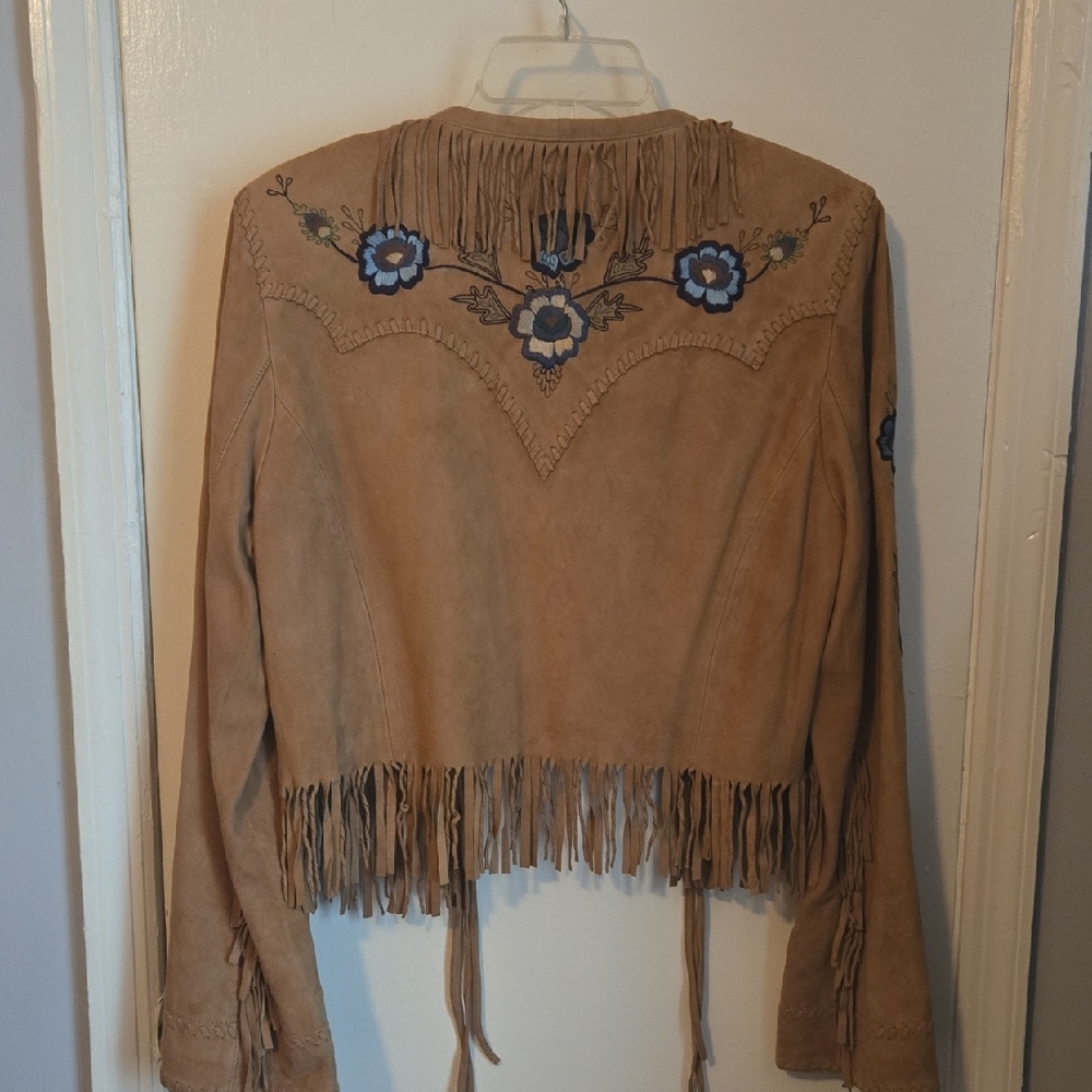 Double D Ranch Beige Leather Jacket with Blue Floral Details - Picture 2 of 16